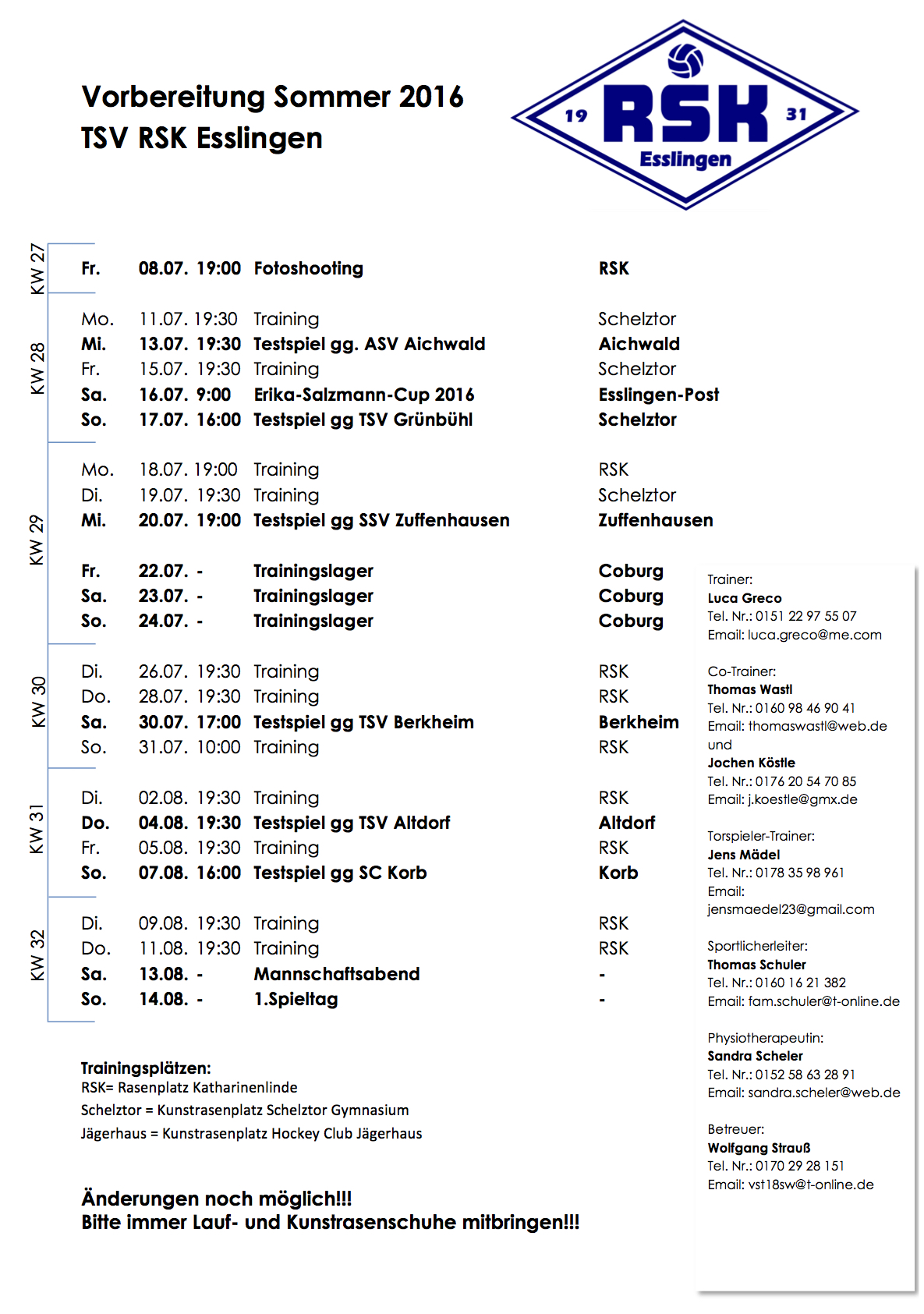 Vorbereitungsplan Sommer 2016 I Mannschaft Bezirksliga