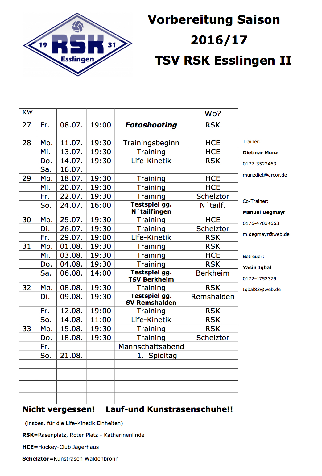 Vorbereitungsplan Sommer 2016 II Mannschaft Kreisliga